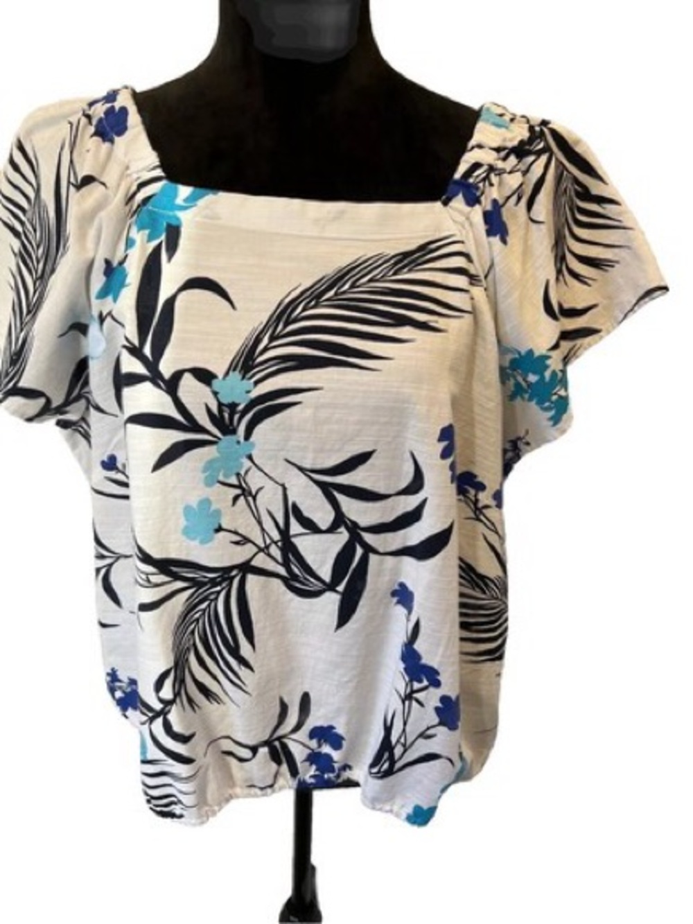 Liz Claiborne Cream Blouse with Black Leaf Print and Blue Accents
